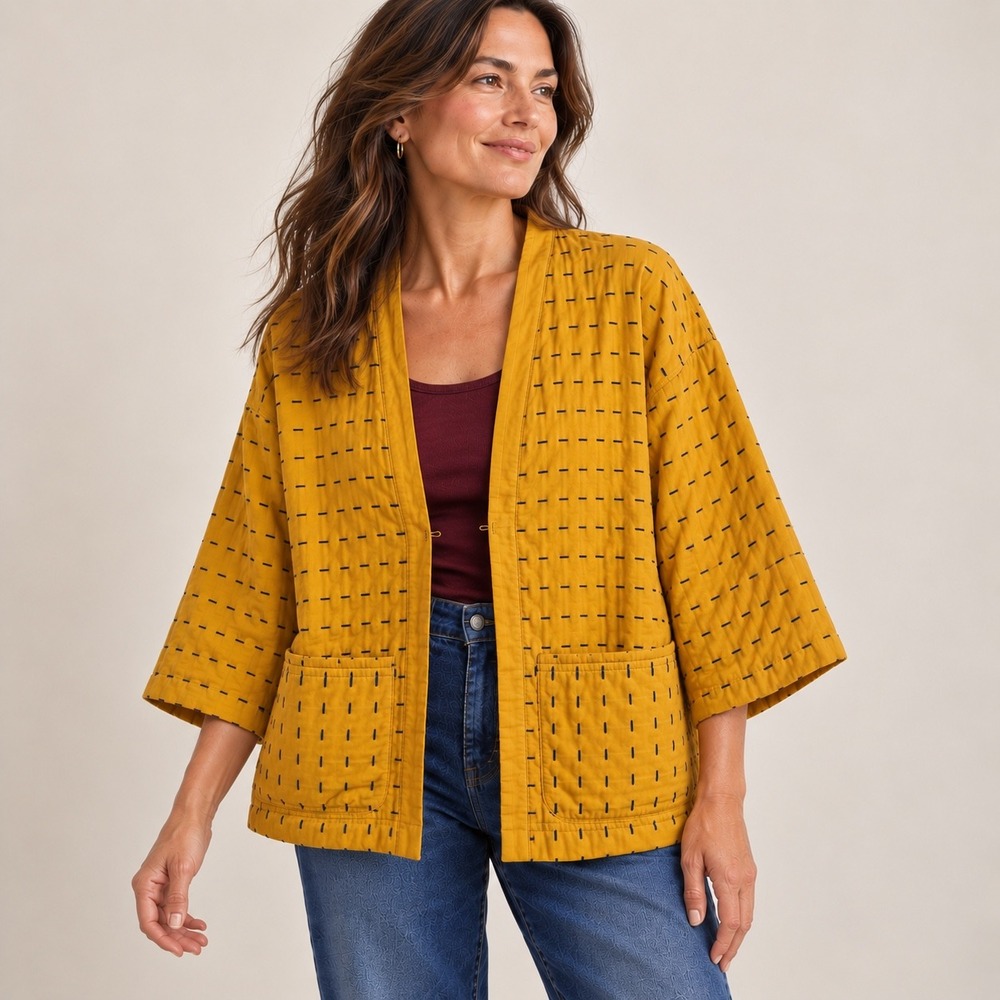 J. Jill Pure Jill Kantha Stitched Kimono Jacket L Mustard Yellow Quilted Boho
